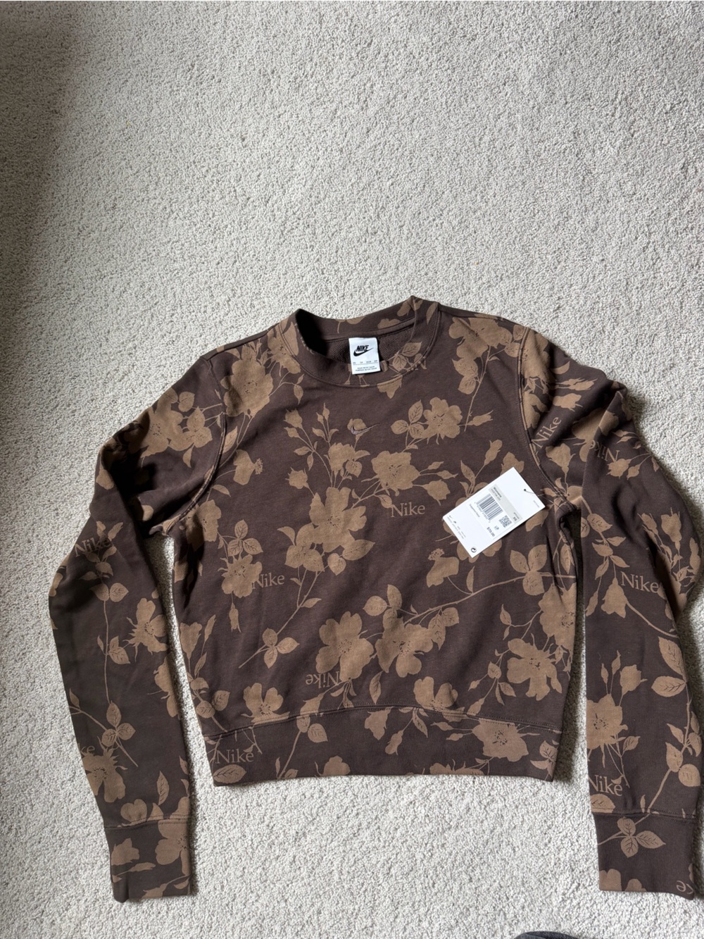 Nike Brown Floral Crew Sweatshirt with Tan Print